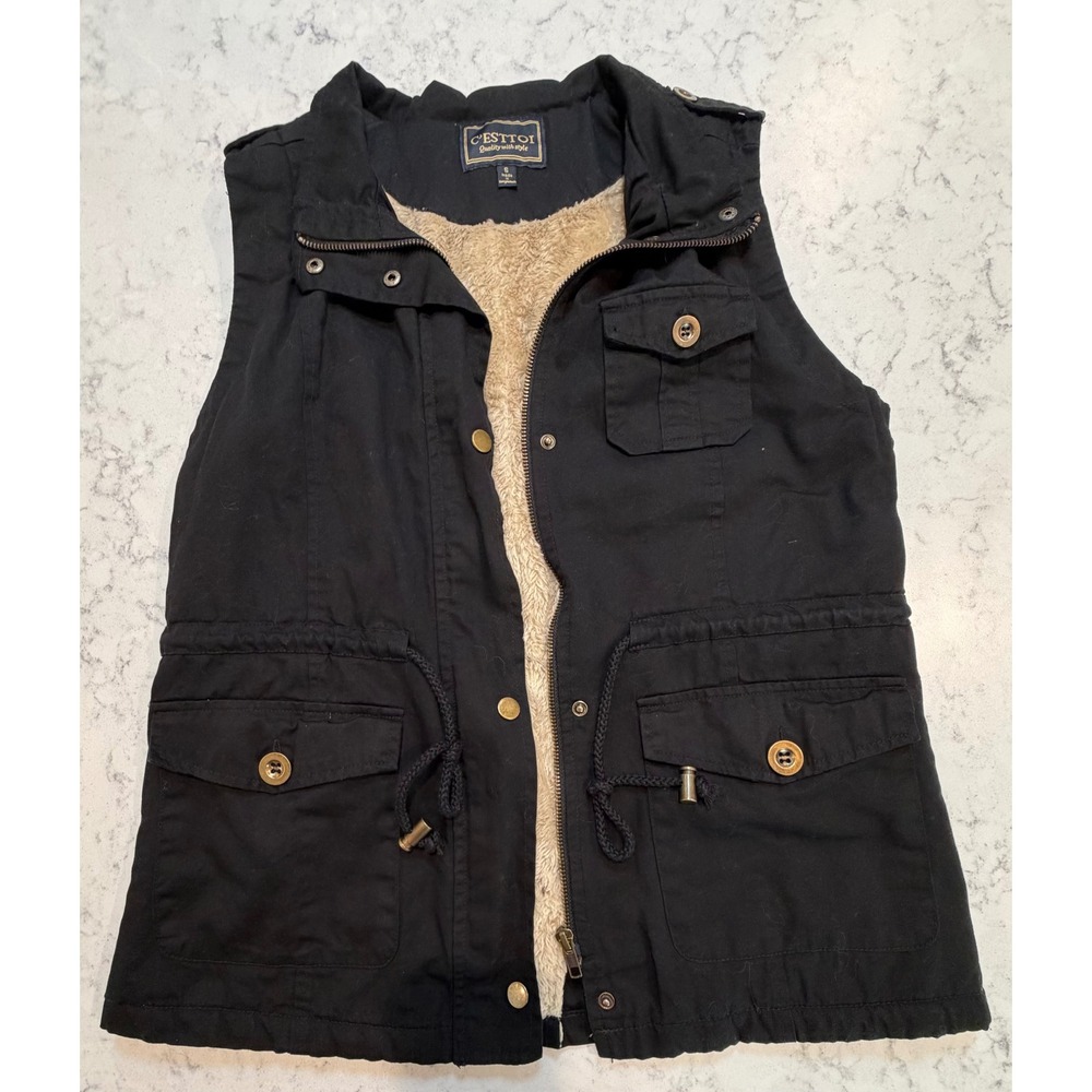 C'est Toi Womens Utility Vest Black Faux Fur Lined Military Cargo Jacket Small